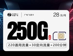 廣電通卡新28元250G流量（220G全國+30G定向）+200分鐘通話-赫茲號卡網