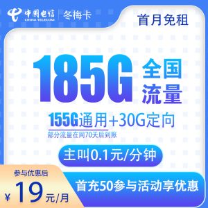 電信冬梅卡19元185G流量（155G通用+30G定向）+0.1元/分鐘-赫茲號卡網