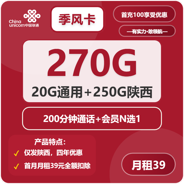 陜西聯通季風卡怎么樣？39元270G流量+200分鐘通話-赫茲號卡網