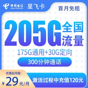 電信星飛卡29元205G流量（175G通用+30G定向）+300分鐘通話-赫茲號卡網
