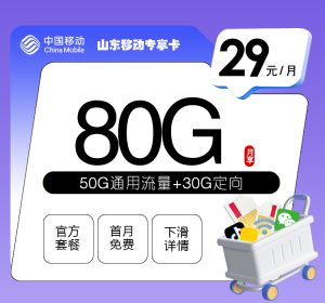 山東移動專享卡29元80G流量（50G通用+30G定向）+0.1元/分鐘通話-赫茲號卡網